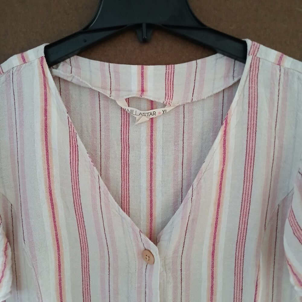 Vanilla Star Linen Short Sleeve Top Striped Comfy Casual Beachy Boho Tropical - Picture 4 of 10
